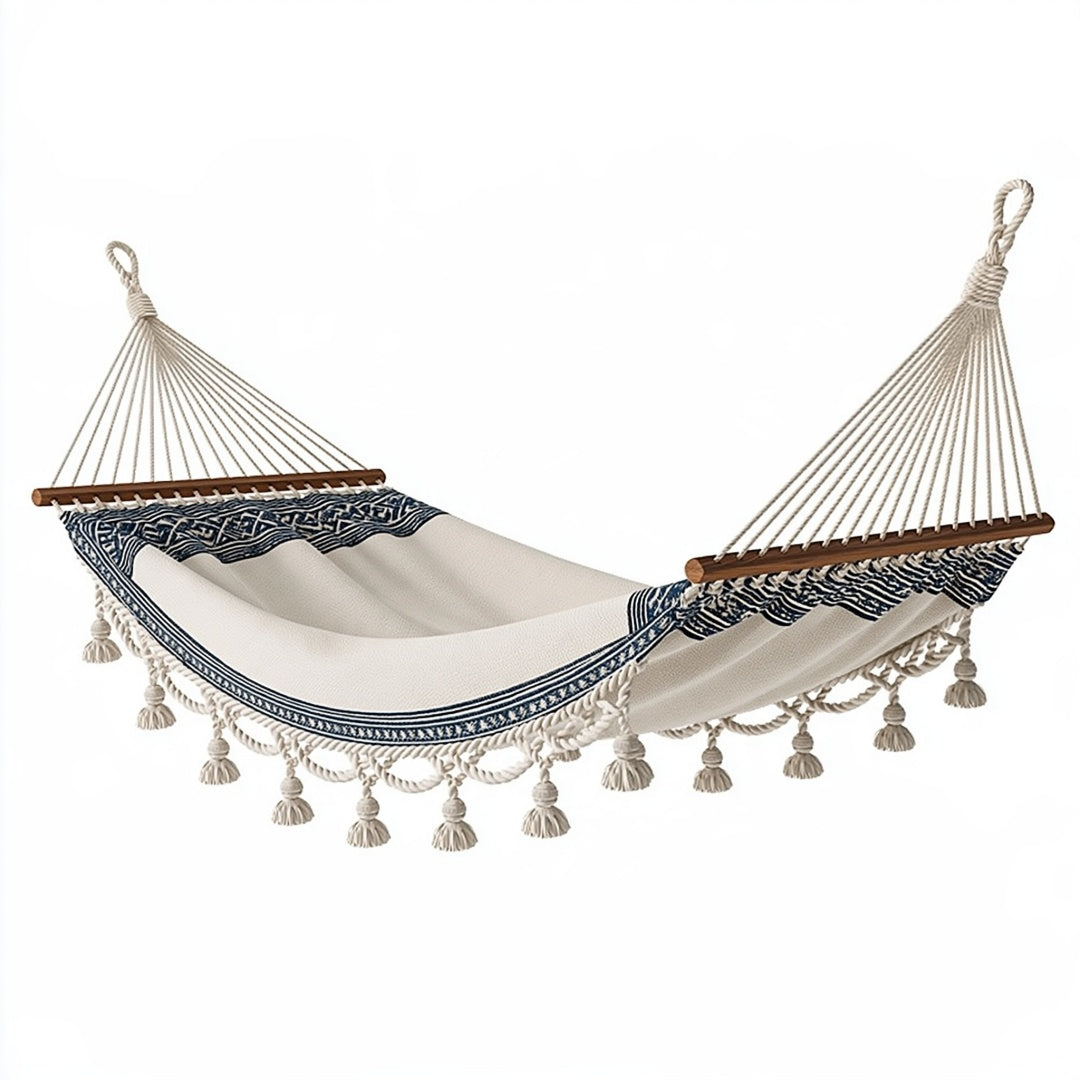 Amaca 200 x 100 cm in cotone beige e blu con barre in legno da giardino stile boho
