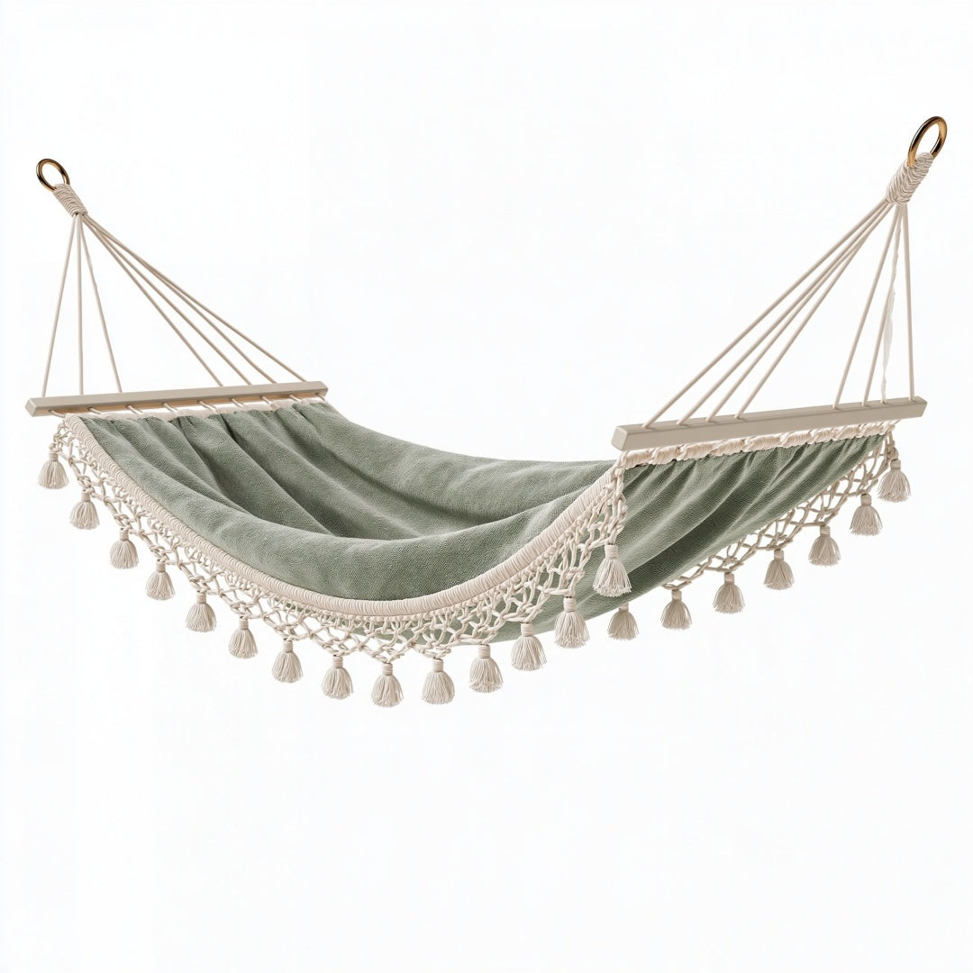 Amaca 300 x 100 cm in cotone verde salvia con barre in legno per relax stile bohémien