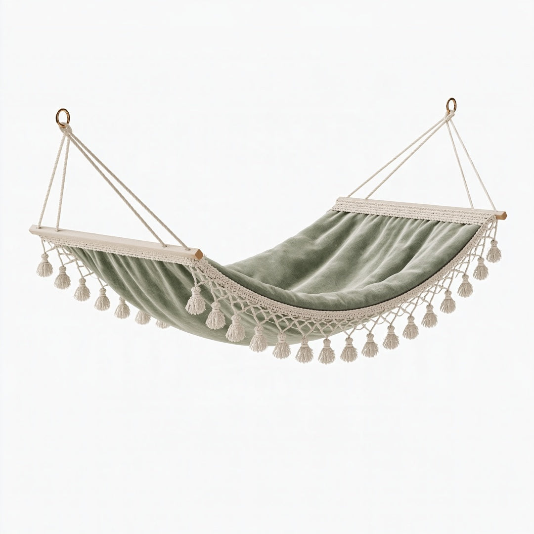 Amaca 200 x 80 cm in cotone verde salvia con frange stile boho