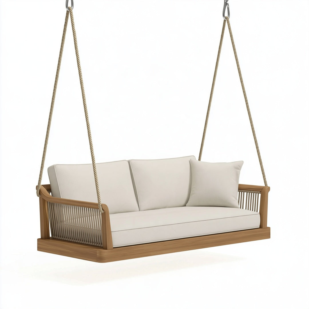 Divano sospeso da giardino 140 x 70 x 65 cm in legno marrone e tessuto beige - dondolo a 2 posti