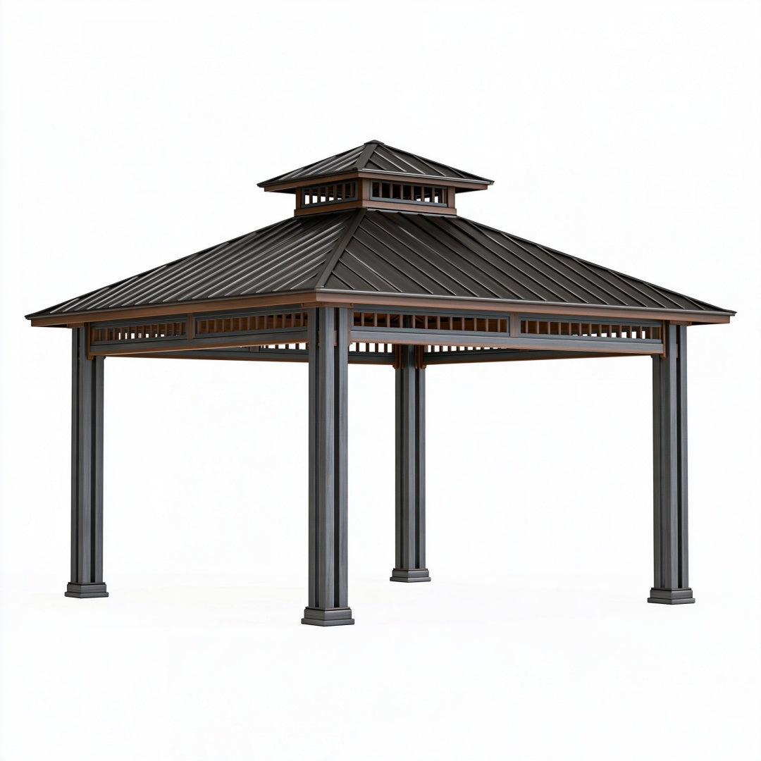 Gazebo da giardino 400 x 300 x 300 cm in metallo grigio antracite con tetto rigido ventilato