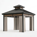 Gazebo da giardino 300 x 300 x 320 cm in metallo nero con tende beige e tetto a padiglione