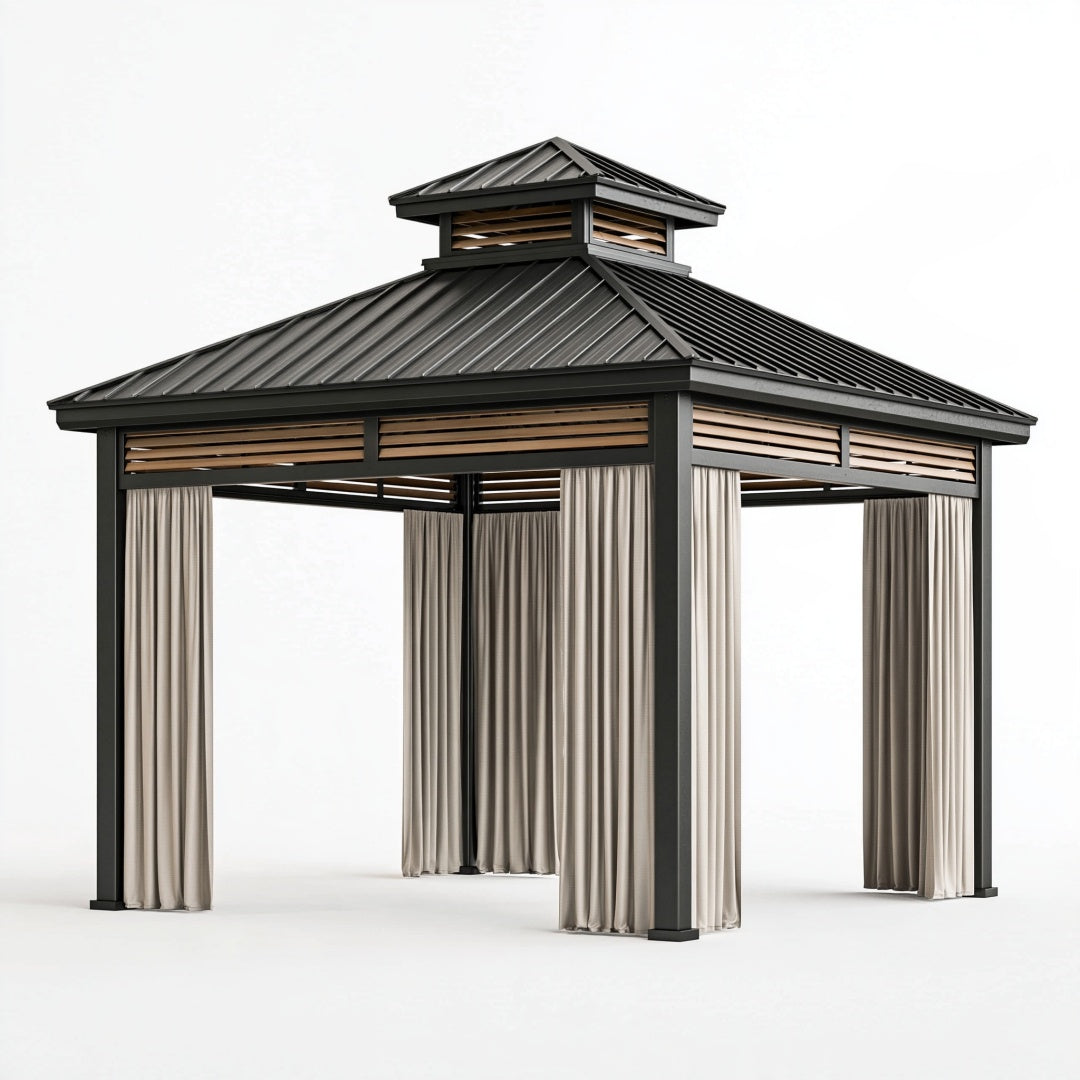 Gazebo da giardino 300 x 300 x 320 cm in metallo nero con tende beige e tetto a padiglione