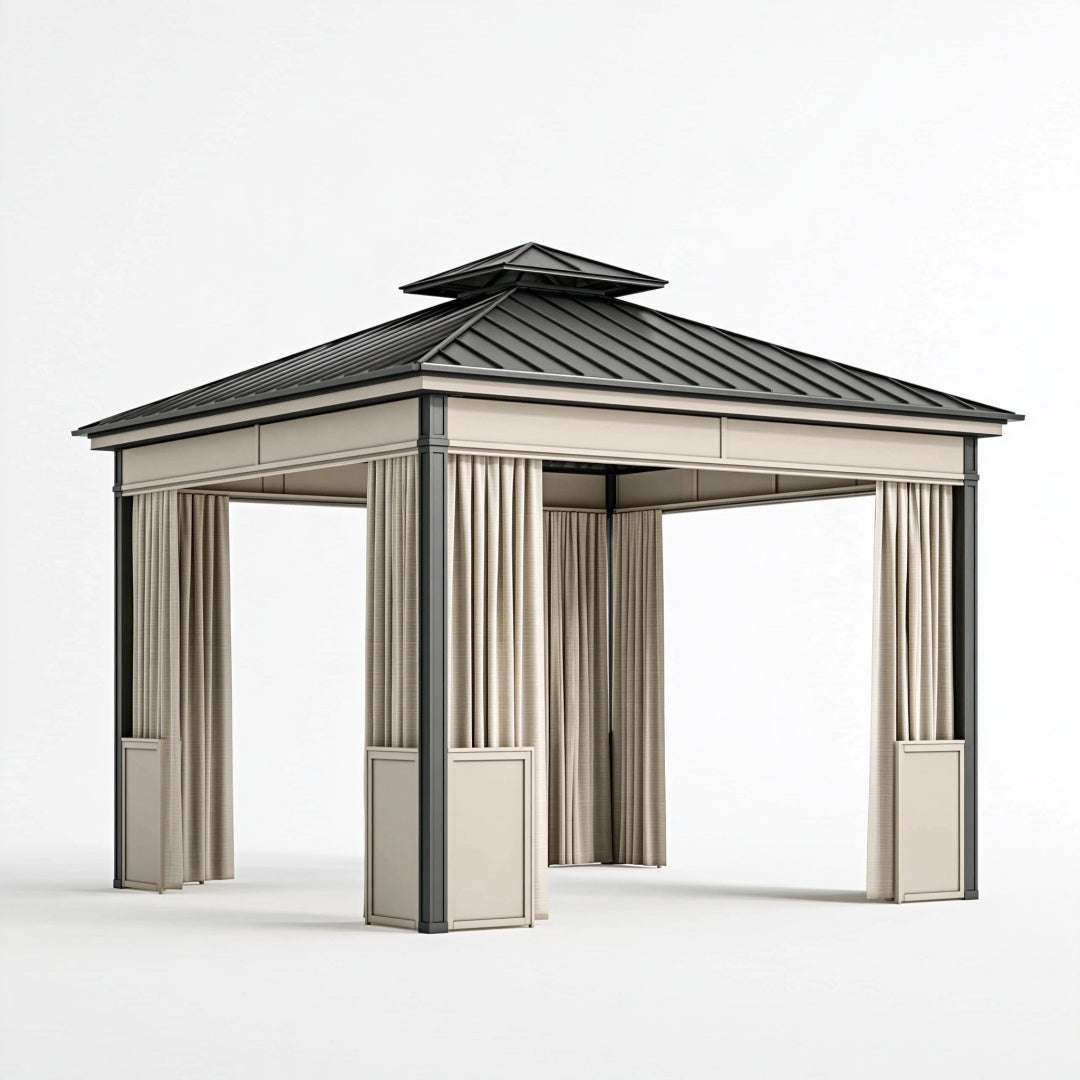 Gazebo da giardino 300 x 300 cm in acciaio grigio con tende e tetto in metallo