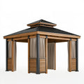 Gazebo 300 x 300 x 320 cm in legno e metallo marrone nero beige con tende per esterno