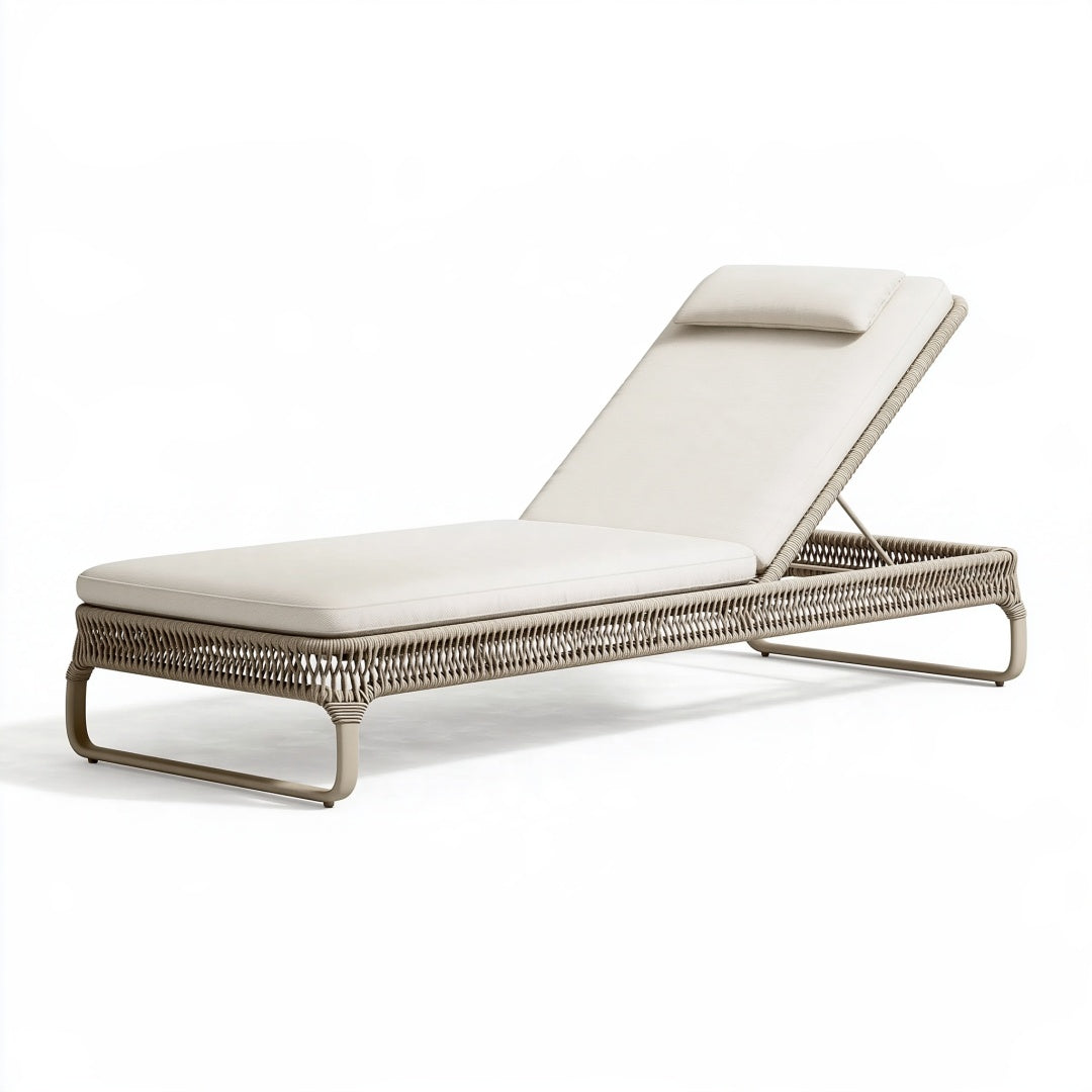 Lettino prendisole 200 x 70 cm in fibra intrecciata beige con schienale regolabile per esterno