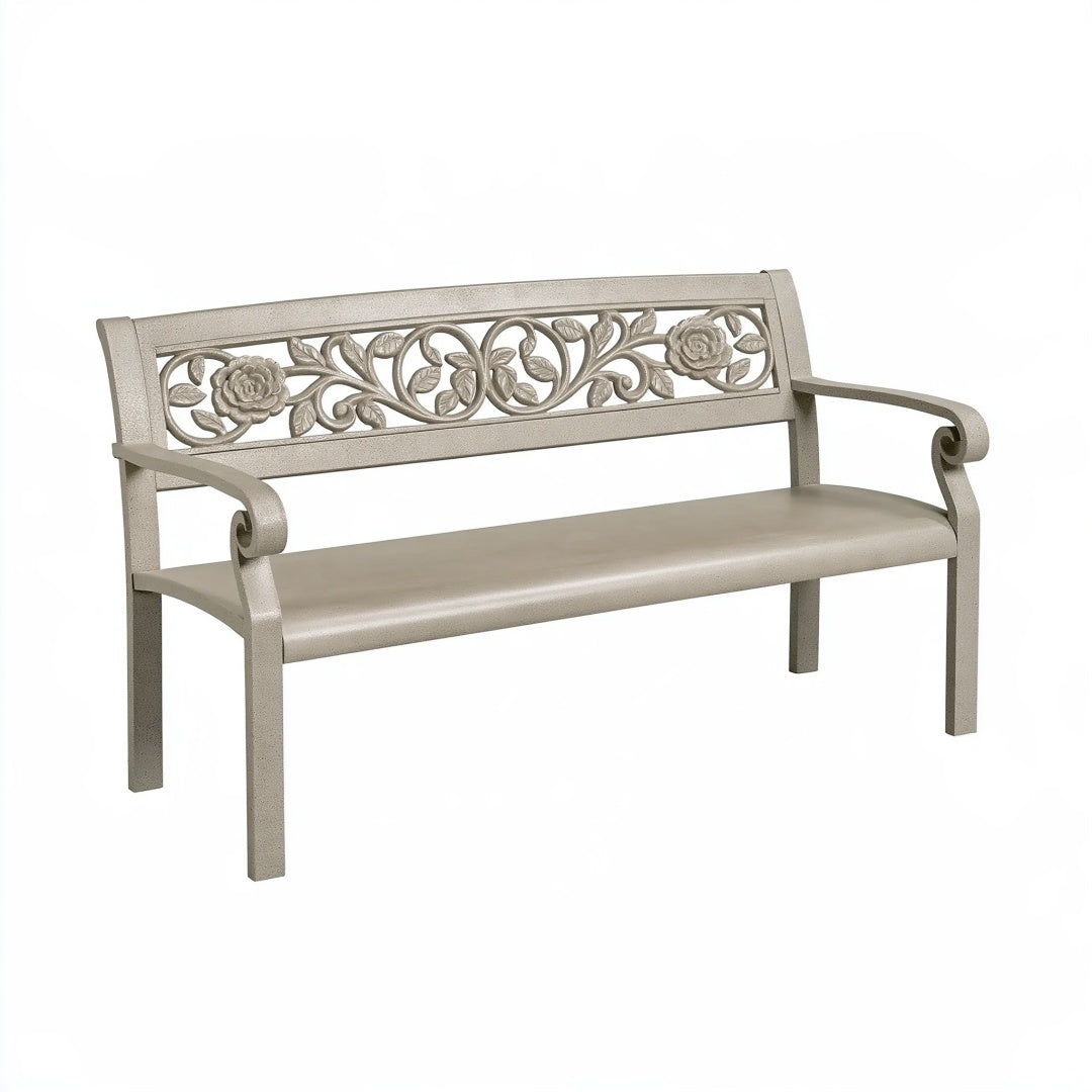 Panca da giardino 120 x 60 x 90 cm in metallo beige con schienale floreale classico