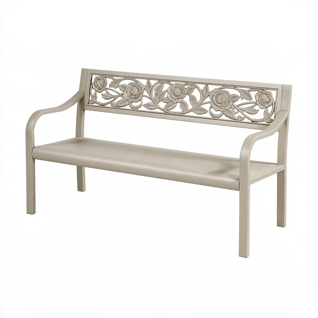 Panca da giardino 122 x 61 x 89 cm in metallo beige con schienale floreale classico