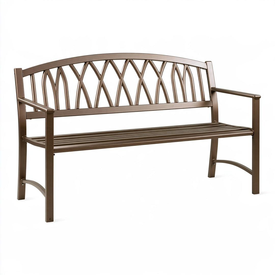 Panchina da giardino 122 x 61 x 91 cm in metallo marrone - schienale decorativo con braccioli