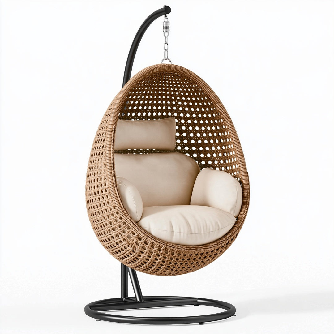 Poltrona sospesa 100 x 100 x 195 cm in rattan naturale e metallo nero con supporto - stile bohémien
