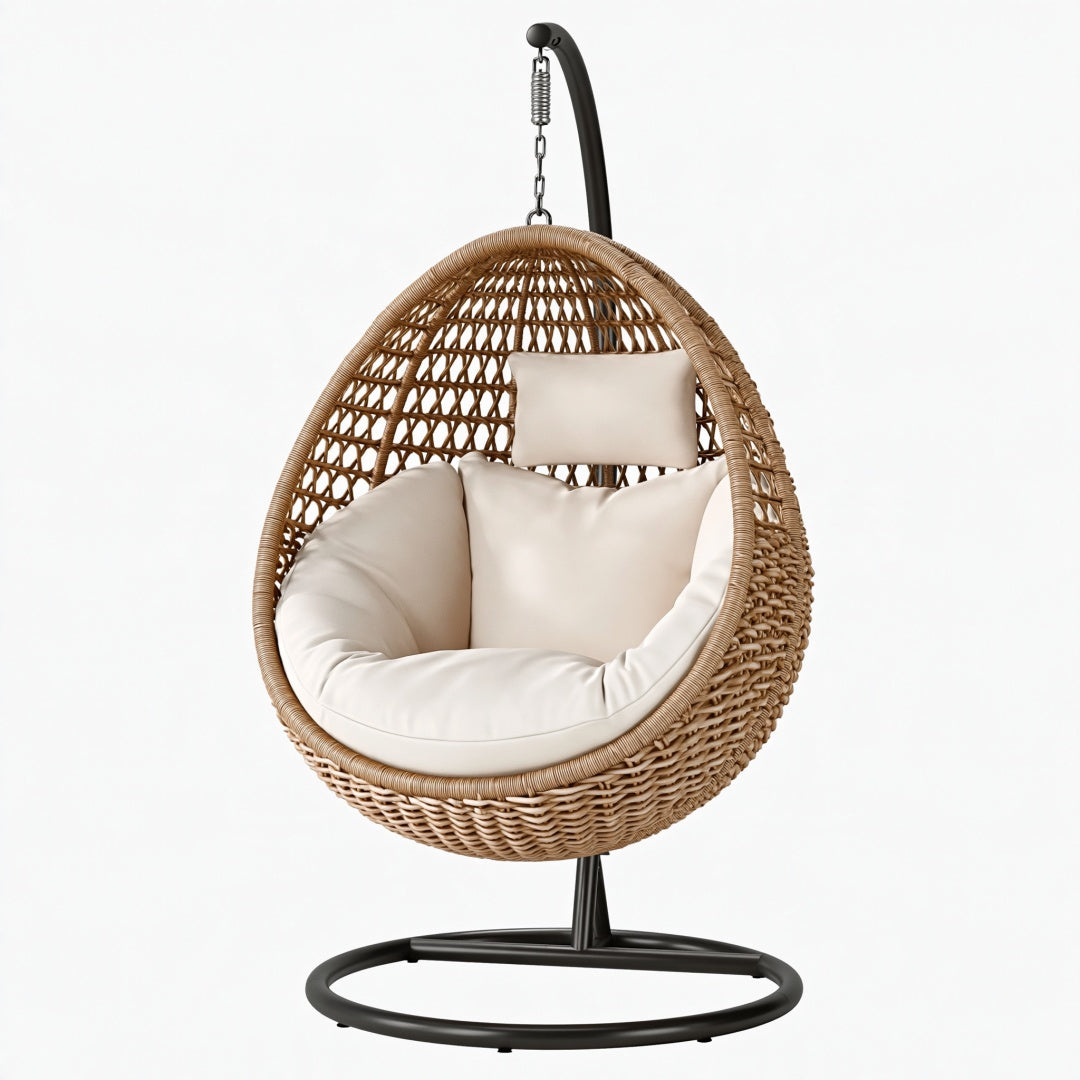 Poltrona sospesa 105 x 85 x 195 cm in fibra intrecciata beige con supporto nero per interni e spazi esterni riparati