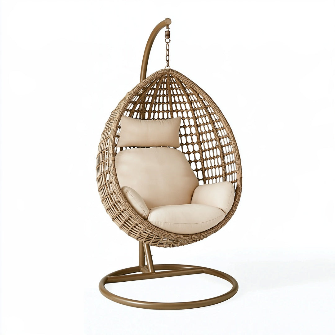 Poltrona sospesa 105 x 105 x 195 cm in intreccio sintetico marrone con struttura in metallo per interno e spazi esterni coperti
