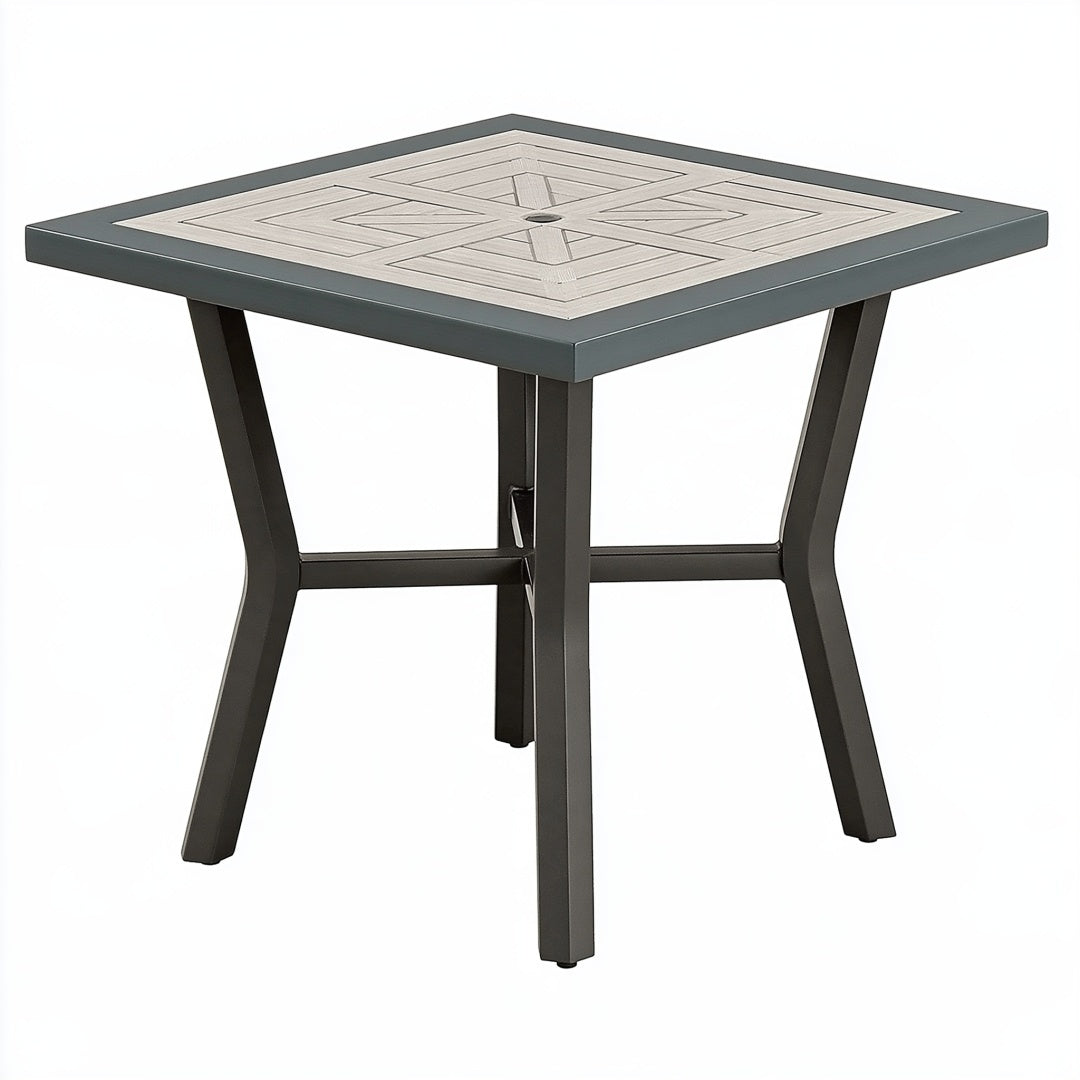 Tavolo da giardino quadrato 90 x 90 x 75 cm in metallo grigio con piano effetto legno
