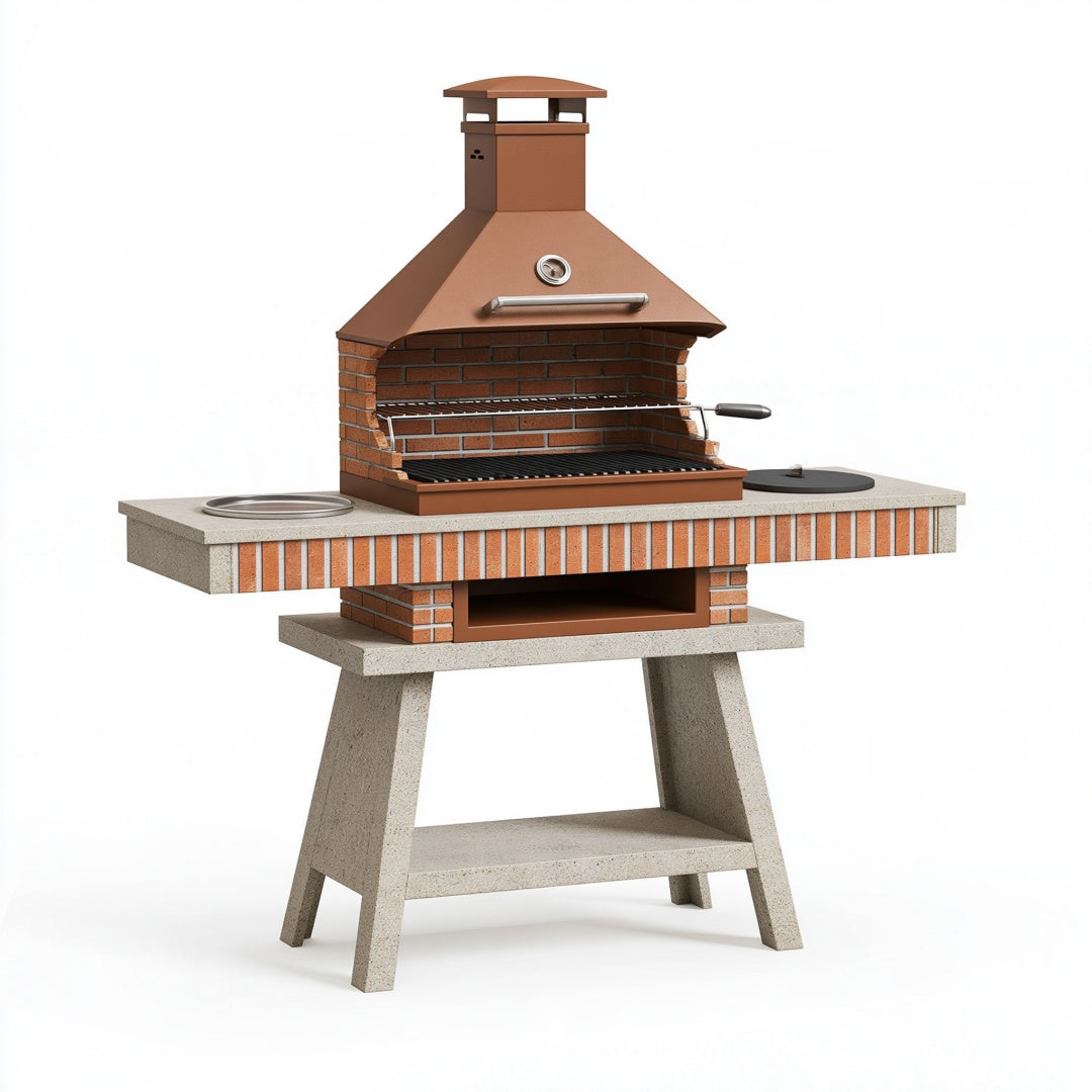 Barbecue da giardino 150 x 70 x 210 cm in mattoni e metallo marrone - griglia con cappa e termometro