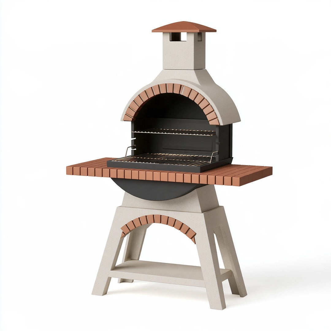 Barbecue da giardino 140 x 80 x 220 cm in calcestruzzo refrattario beige e terracotta con cappa e griglie